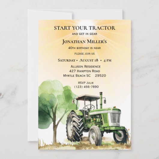 メンズヴィンテージファームグリーントラクターバースデーパーティー 招待状 (正面)