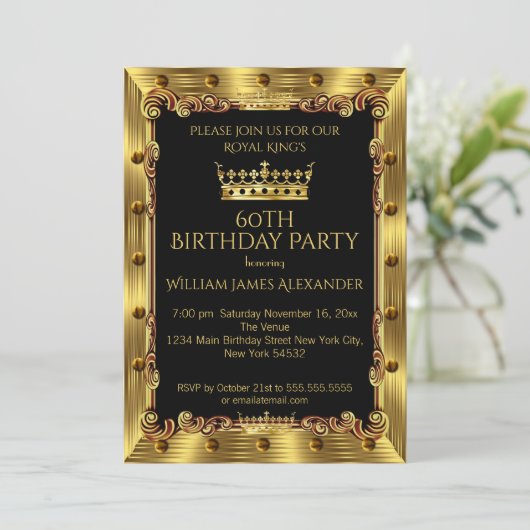 メンズ写真60th誕生日パーティーキングクラウン金ゴールド 招待状 (スタンド正面)