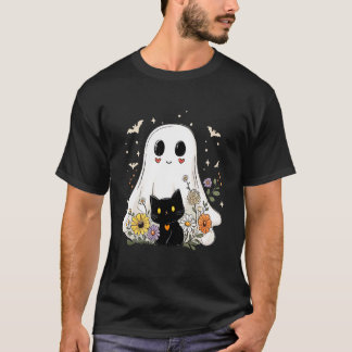 メンズ用フローラルゴースト黒猫ハロウィンコスチュームW Tシャツ