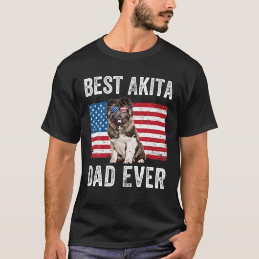 メンズ秋田パパアメリカ国旗American Akita Dog Lo Tシャツ (正面)