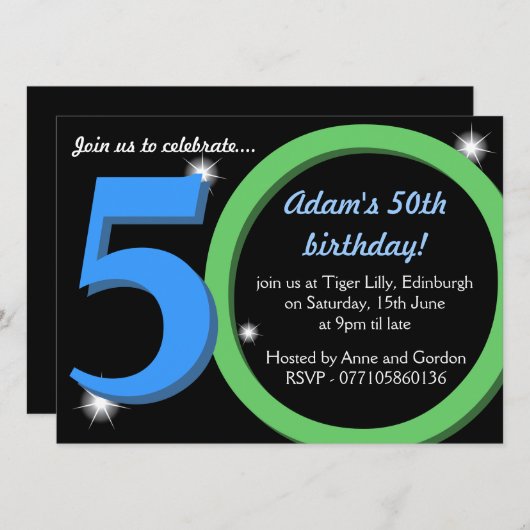 メンズ緑/青の第50第50誕生会 招待状 (正面/裏面)