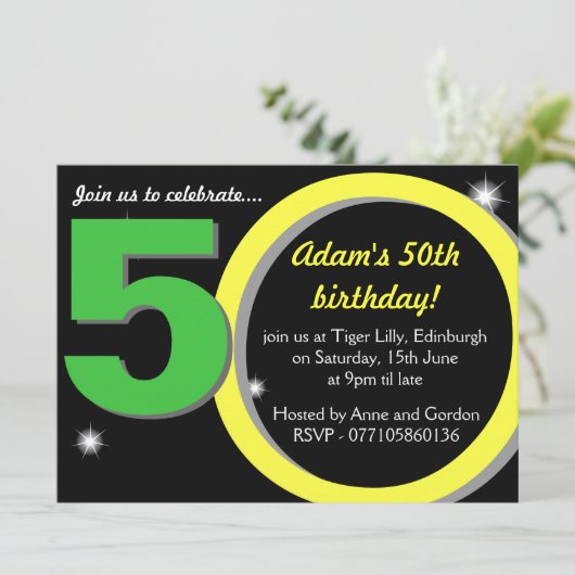 メンズ緑/黄色の第50第50誕生会 招待状 (スタンド正面)