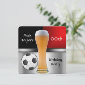メンズ追加の歳の誕生日パーティレッドビールサッカーボール 招待状 (スタンド正面)