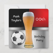 メンズ追加の歳の誕生日パーティレッドビールサッカーボール 招待状 (正面)