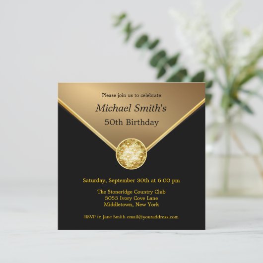 メンズ金ゴールドブラックジュエレガントエル誕生日招待状 招待状 (スタンド正面)