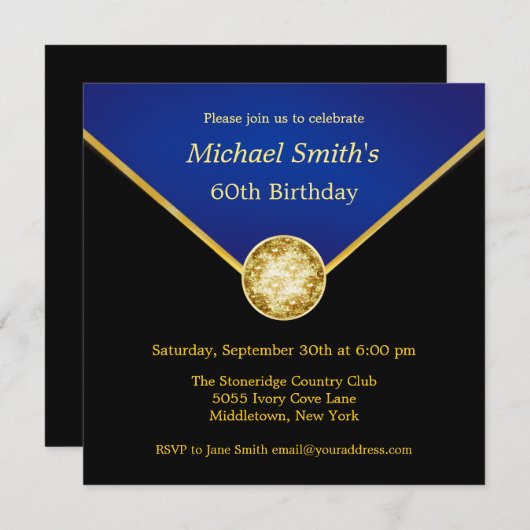 メンズ黒い金ゴールドの青くエレガントな誕生日の招待状 招待状 (正面/裏面)