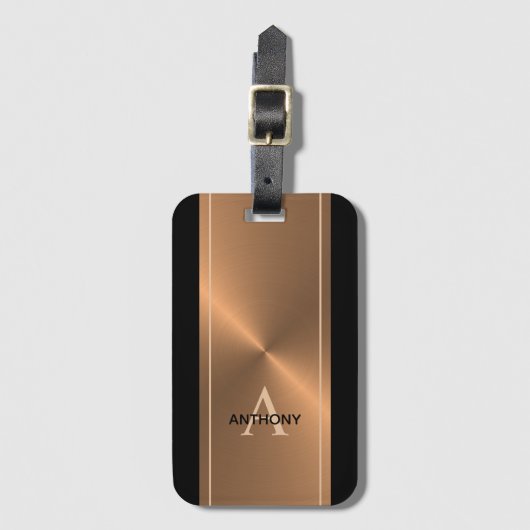 メンズ黒エレガント金ゴールド青銅モノグラム名 ラゲッジタグ (正面縦)