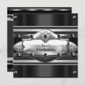 メンズ21歳の誕生日パーティーブラックメタルシルバーマン 招待状 (正面/裏面)