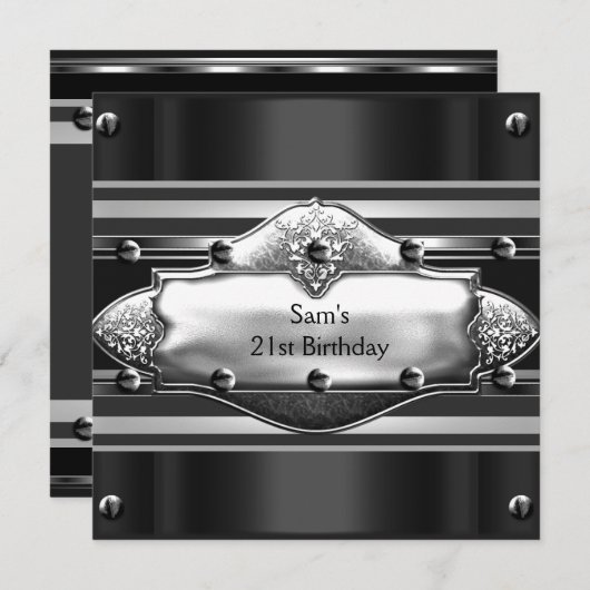 メンズ21歳の誕生日パーティーブラックメタルシルバーマン 招待状 (正面/裏面)