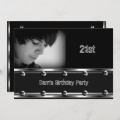 メンズ21歳の誕生日パーティーブラックメタルルックイメージ 招待状 (正面/裏面)
