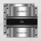 メンズ21歳の誕生日パーティーメタルブラックシルバー 招待状 (正面/裏面)