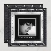メンズ21th誕生日パーティーブラックメタルレザー 招待状 (正面/裏面)