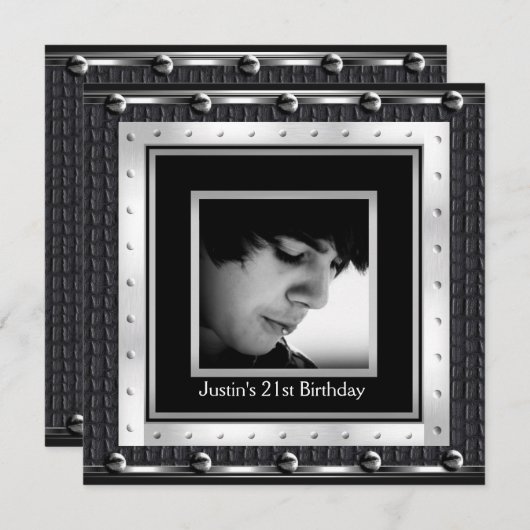 メンズ21th誕生日パーティーブラックメタルレザー 招待状 (正面/裏面)