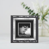 メンズ21th誕生日パーティーブラックメタルレザー 招待状 (スタンド正面)