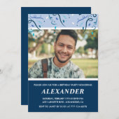 メンズ29歳の誕生日招待状写真ネイビーブルー 招待状 (正面/裏面)