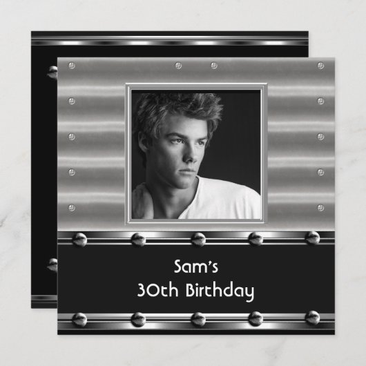 メンズ30th誕生日パーティーメタルブラックマン 招待状 (正面/裏面)