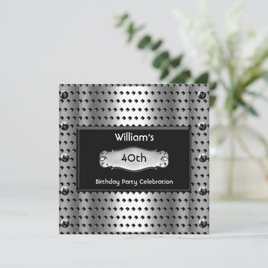 メンズ40歳の誕生日パーティーシルバーメタルスタッドブラック 招待状 (スタンド正面)
