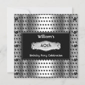 メンズ40歳の誕生日パーティーシルバーメタルスタッドブラック 招待状 (正面)