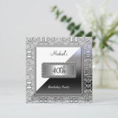 メンズ40th誕生日パーティの招待状ホワイトシルバー 招待状 (スタンド正面)