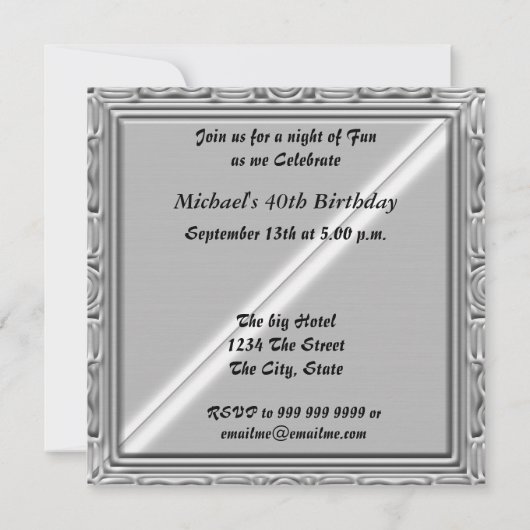 メンズ40th誕生日パーティの招待状ホワイトシルバー 招待状 (裏面)