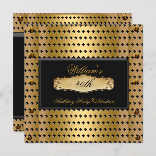 メンズ40th誕生日パーティー金ゴールドメタルスタッド2 招待状 (正面/裏面)