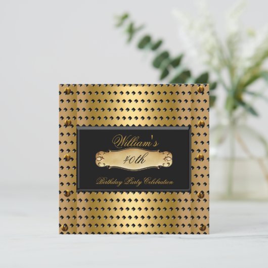 メンズ40th誕生日パーティー金ゴールドメタルスタッド2 招待状 (スタンド正面)
