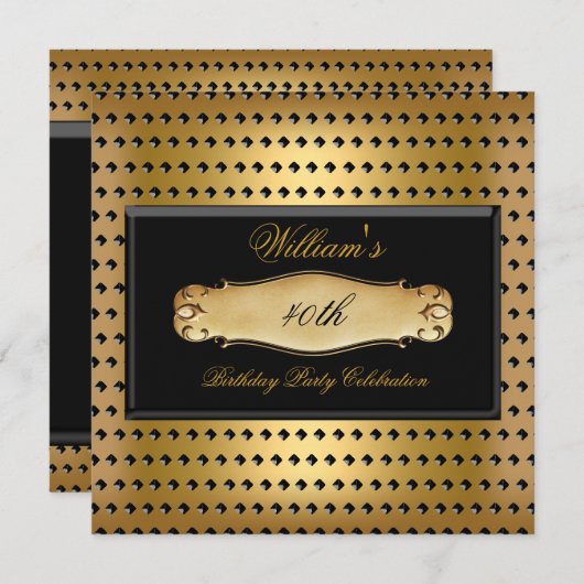 メンズ40th誕生日パーティー金ゴールドメタルスタッド 招待状 (正面/裏面)