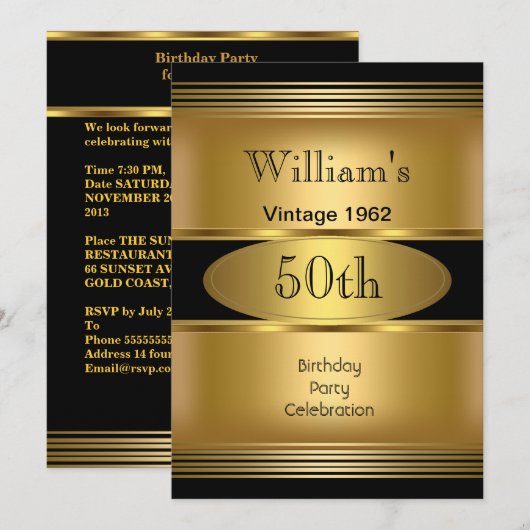 メンズ50歳の誕生日パーティー ゴールド ブラック ビンテージ 招待状 (正面/裏面)