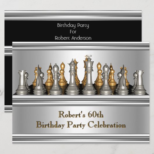 メンズ60歳の誕生日パーティー チェスセット メタル 招待状 (正面/裏面)