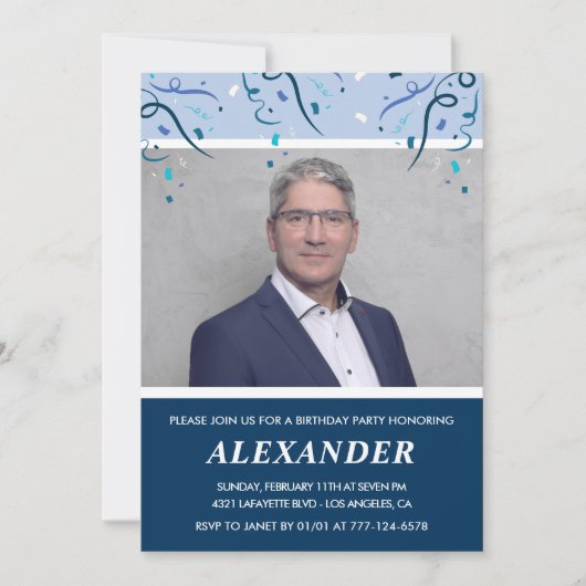 メンズ60歳の誕生日招待状写真ネイビーブルー 招待状 (正面)