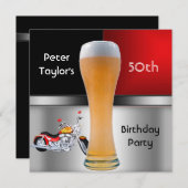 メンズ70thバースデーパーティレッドビールモーターバイク 招待状 (正面/裏面)