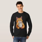 メンズ かわいいジンジャーネコ コーヒー グラフィック 長袖 Tシャツ (正面フル)