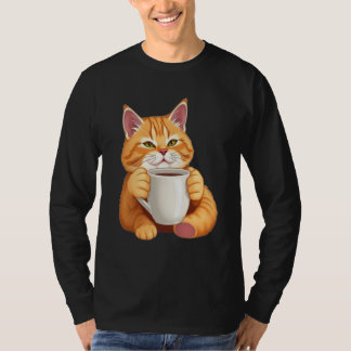メンズ かわいいジンジャーネコ コーヒー グラフィック 長袖 Tシャツ