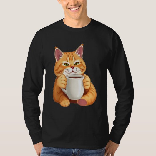 メンズ かわいいジンジャーネコ コーヒー グラフィック 長袖 Tシャツ (正面)