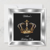メンズ エレガント ブラック シルバー バースデー プリンス キング 招待状 (正面)
