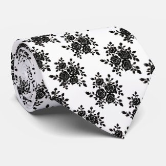 メンズ クラシック 黒と白のバラの花柄 ネクタイ