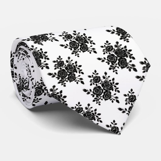 メンズ クラシック 黒と白のバラの花柄 ネクタイ (ロール)