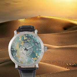 メンズ ティール ゴールド マーブルルック ウォッチ – ブラックレザー