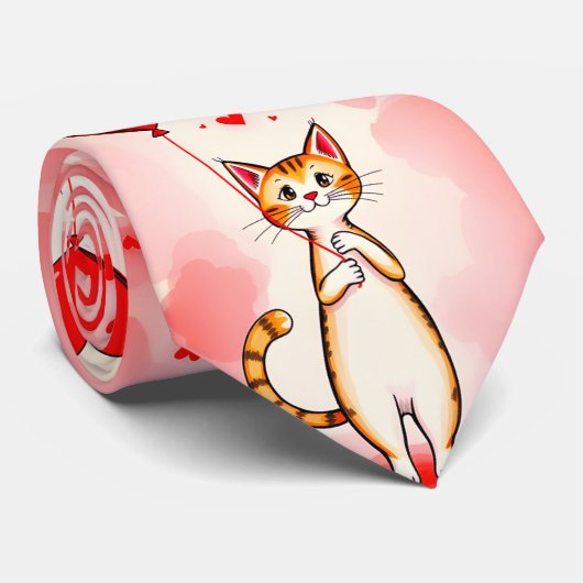 メンズ デザイナー タイ 猫 赤 ハート (ロール)