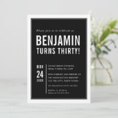 メンズ バースデー パーティー モダン タイポグラフィー 黒 白 招待状 (スタンド正面)