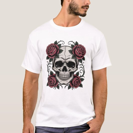 メンズ ベーシック ゴシック スカル&ローズ 半袖Tシャツ Tシャツ (正面)