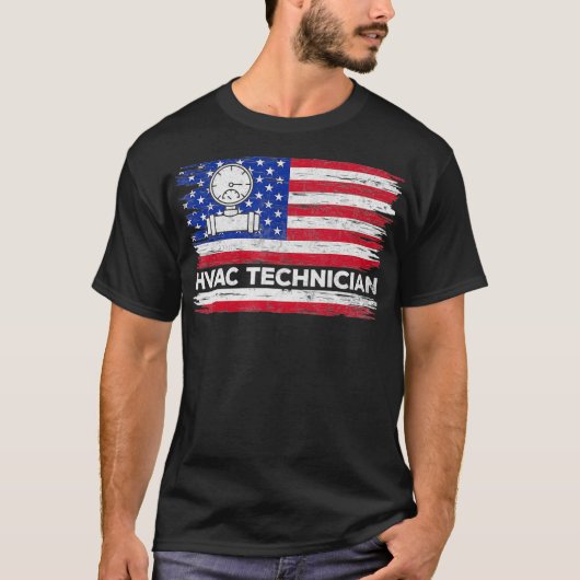 メンズ ヴィンテージ アメリカ国旗 HVAC テクニシャン ディストレス Tシャツ (正面)