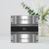 メンズ 21歳の誕生日パーティー メタル ブラック シルバー 招待状 (スタンド正面)
