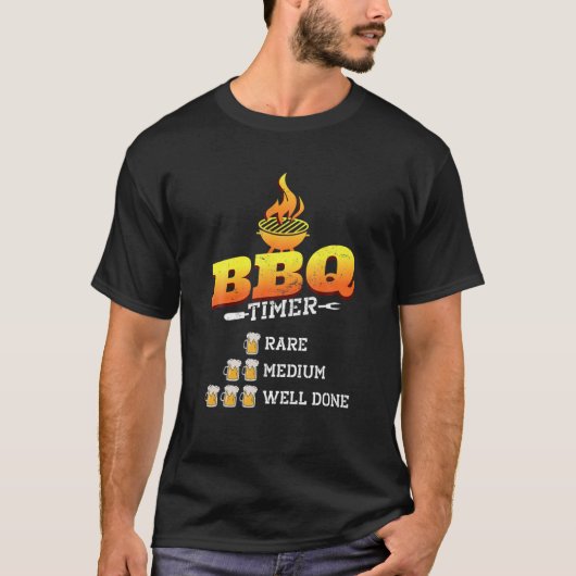 メンズBBQタイマー、ステーキおもしろいグリルとビール、バー Tシャツ (正面)