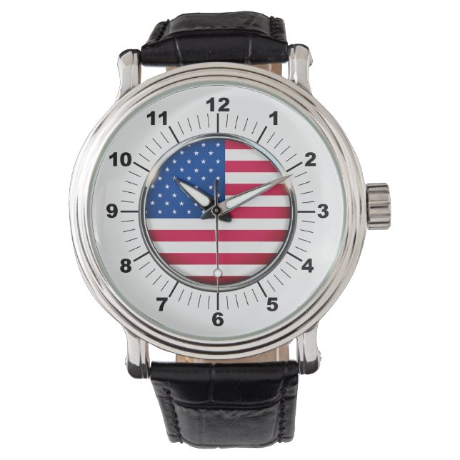 メンズUSA国旗ヴィンテージブラックレザーストラップウォッチ 腕時計 (正面)