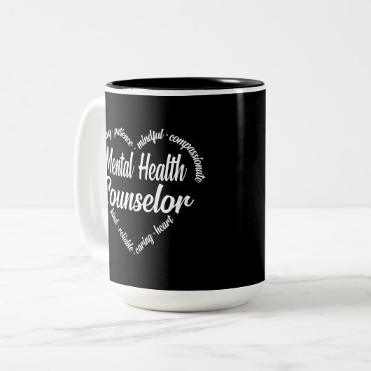 メンタルヘルスカウンセラーハートワードクラウド ツートーンマグカップ (正面左)