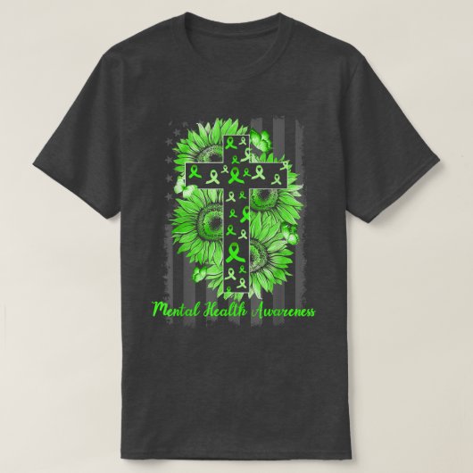 メンタルヘルスケア アウェアネス ヒマワリ アメリカ国旗 40 Tシャツ (デザイン正面)