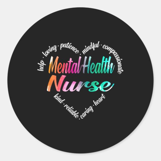 メンタルヘルスナースハートワードクラウドウォーター色ラ ラウンドシール (正面)