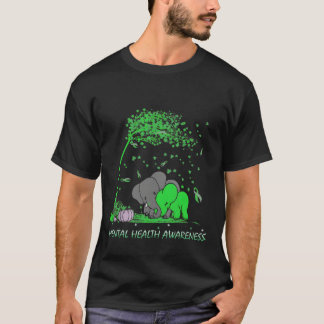 メンタルヘルス啓発グリーンリボン象 Tシャツ