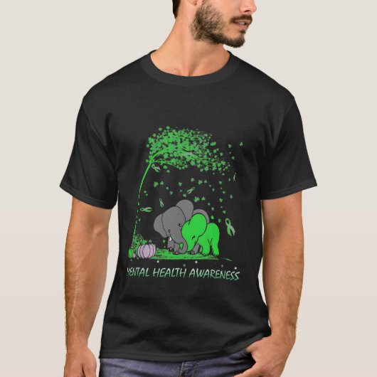 メンタルヘルス啓発グリーンリボン象 Tシャツ (正面)